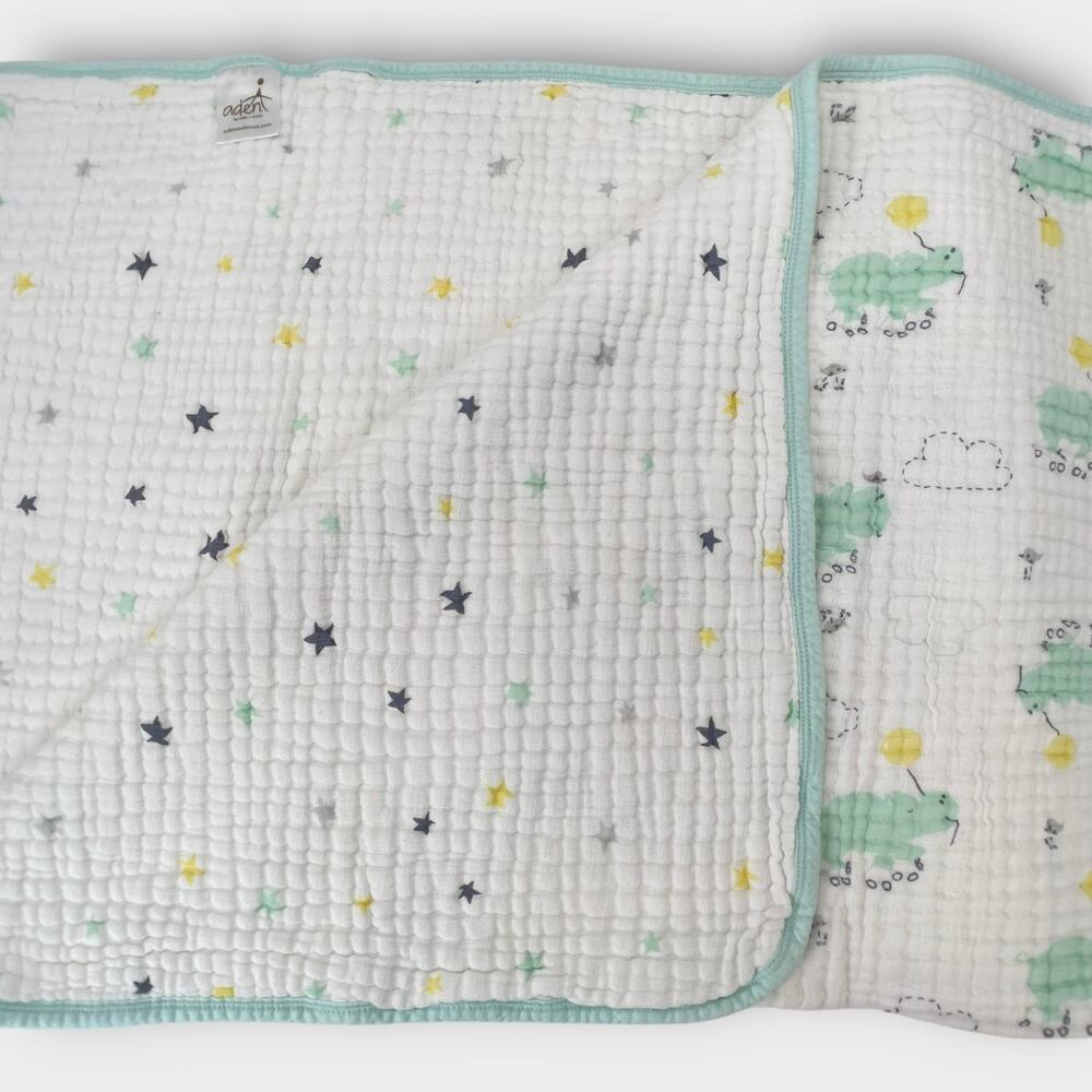 Aden & Anais Mint Green Hippo Roller Skating Yellow Balloon Baby Muslin Blanket